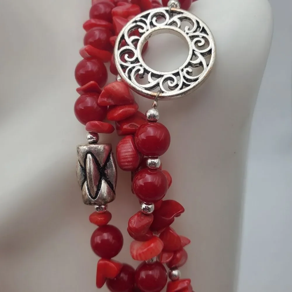 Multi strand red Coral beaded dinner‎ date night necklace bohemian boho